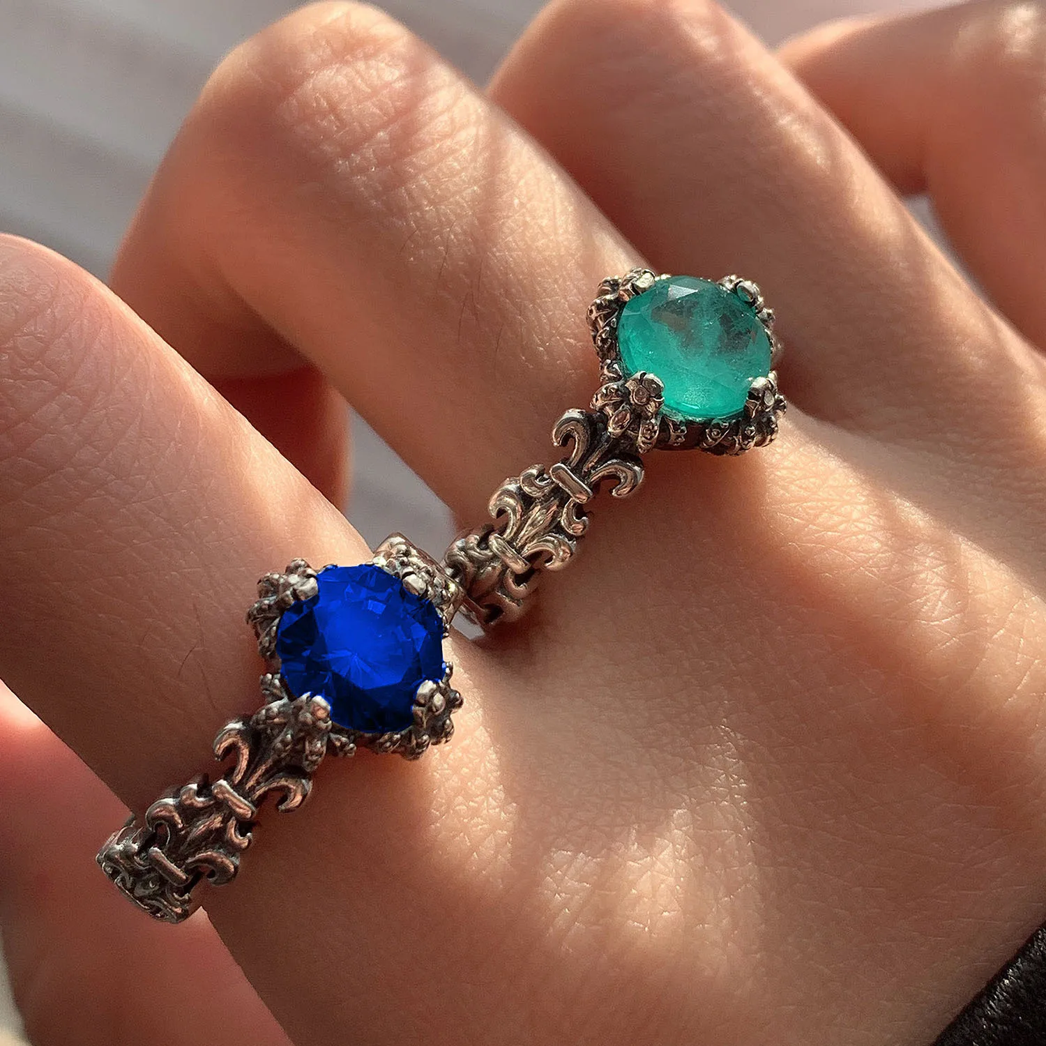 

Foydjew Retro Thai Silver Morandi Aesthetic Blue/Mint Green Zircon Rings Female Design Open Adjustable Ring Punk Style Jewelry