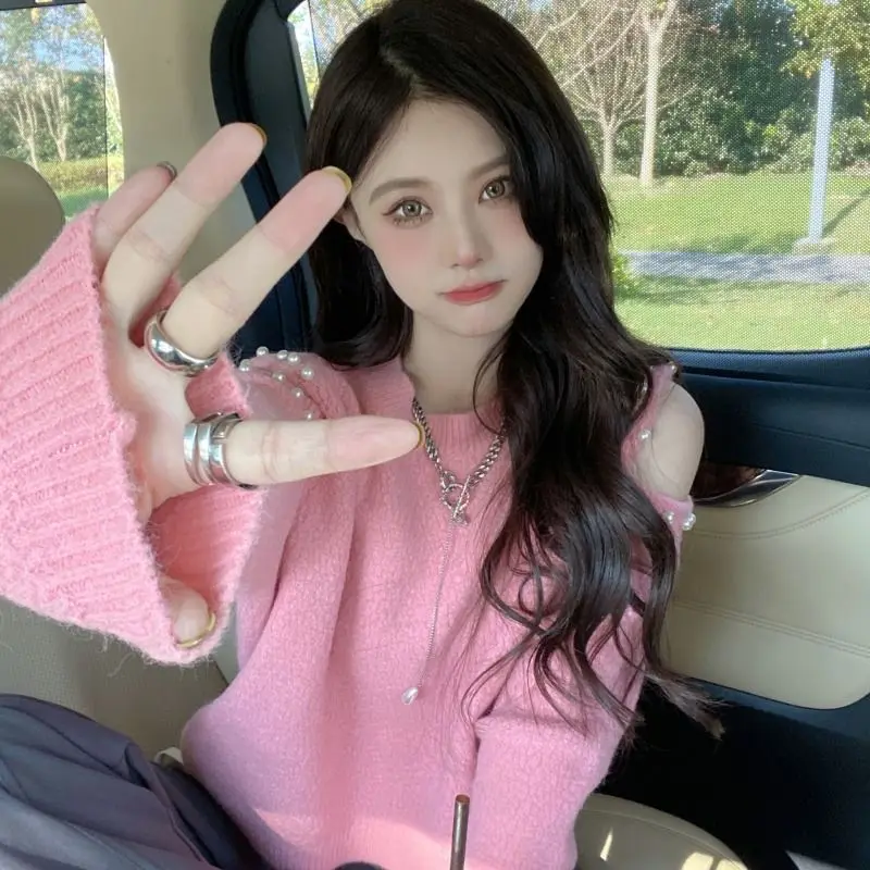 

Осенний топ женщин свободный новый дизайн шикарный off-плечи короткий свитер