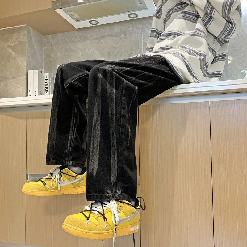 

Джинсы мужские прямые в стиле ретро, модные повседневные штаны из денима с широкими штанинами в стиле хип-хоп, синие/черные, уличная одежда