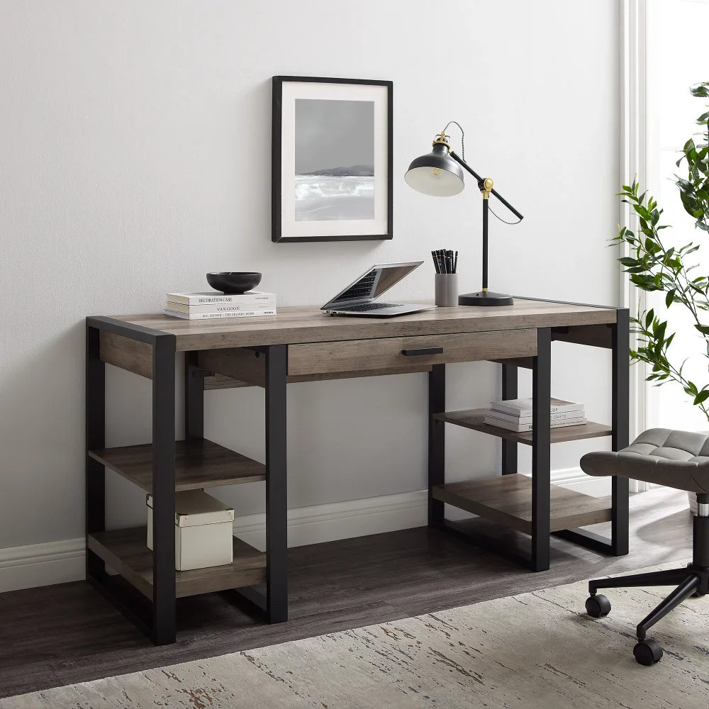 

Woven Paths Industrial 4-Shelf Computer Desk with USB Port, Grey Wash