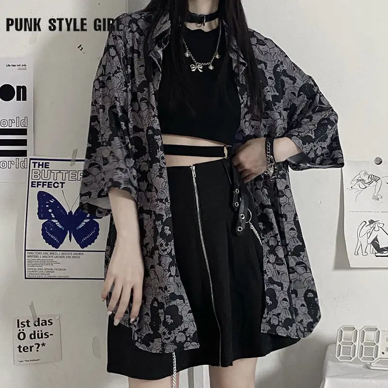 Y2k готическая Черная Рубашка летняя Harajuku Kpop кардиган с коротким рукавом японская