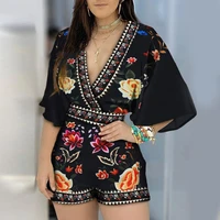 2022 vintage women playsuits summer casual one piece overalls deep v neck floral half sleeve romper