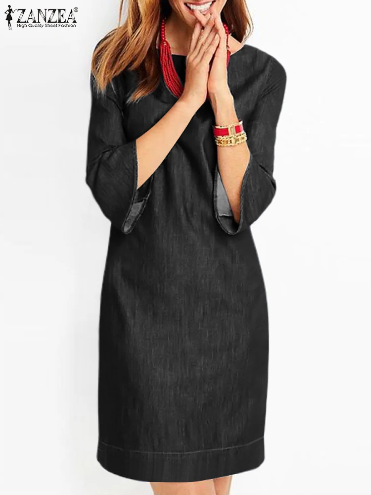 Женское однотонное джинсовое платье Zanzea с круглым вырезом и расклешенными