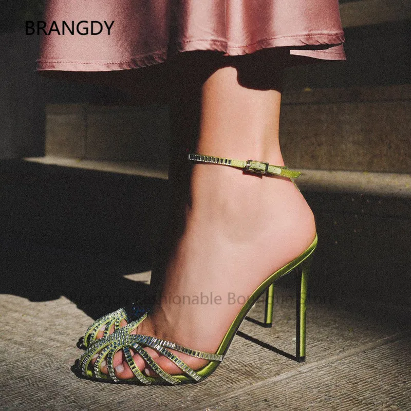 

2022 Leather Buckle Ankle Sandalias Open Toe Neon Green Crystal Cutout High Heels Mules Summer Women Party Wedding Dancing Shoes