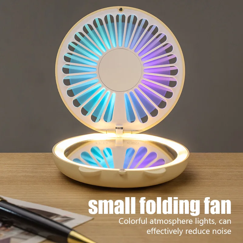 

Portable Hanging Neck Fan USB Small Cooling fan Cute Mini Silent Lazy Pocket Folding Charging Fan with Fill Light Mirror Outdoor