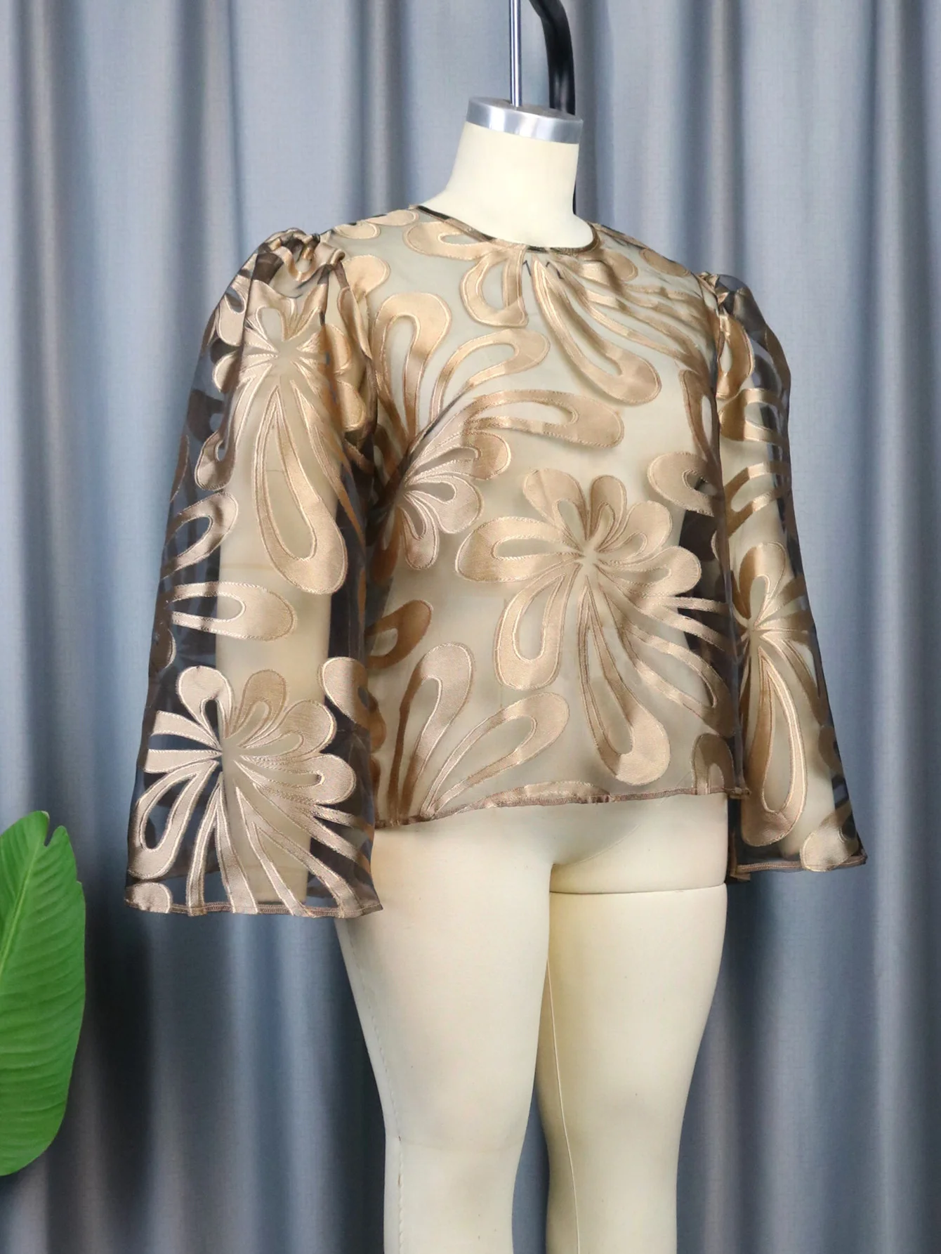 Plus Size New Sexy Perspective Gold Plated Round Neck Long Sleeve Elegant Top Fashion Shoulder Loose Women's Top New 2023