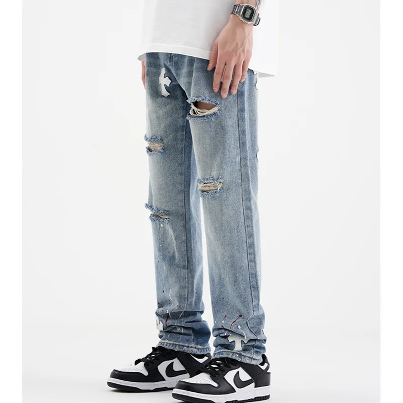 Streetwear Men 2022 New Pasting Cloth Cross Pattern Recreational Light Blue Jeans Loose Straight Cylinder Trousers Autumn Female