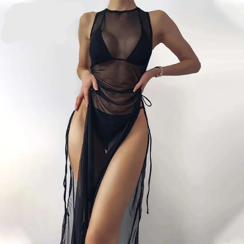 In-X Black 3 pieces set High neck swimwear female swimsuit cover-ups for women Skirts bikini Halter triangle bathing suit 2021