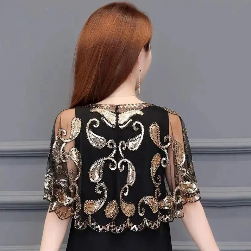 Шаль с цветочной вышивкой элегантный декор блестками накидка женский дышащий