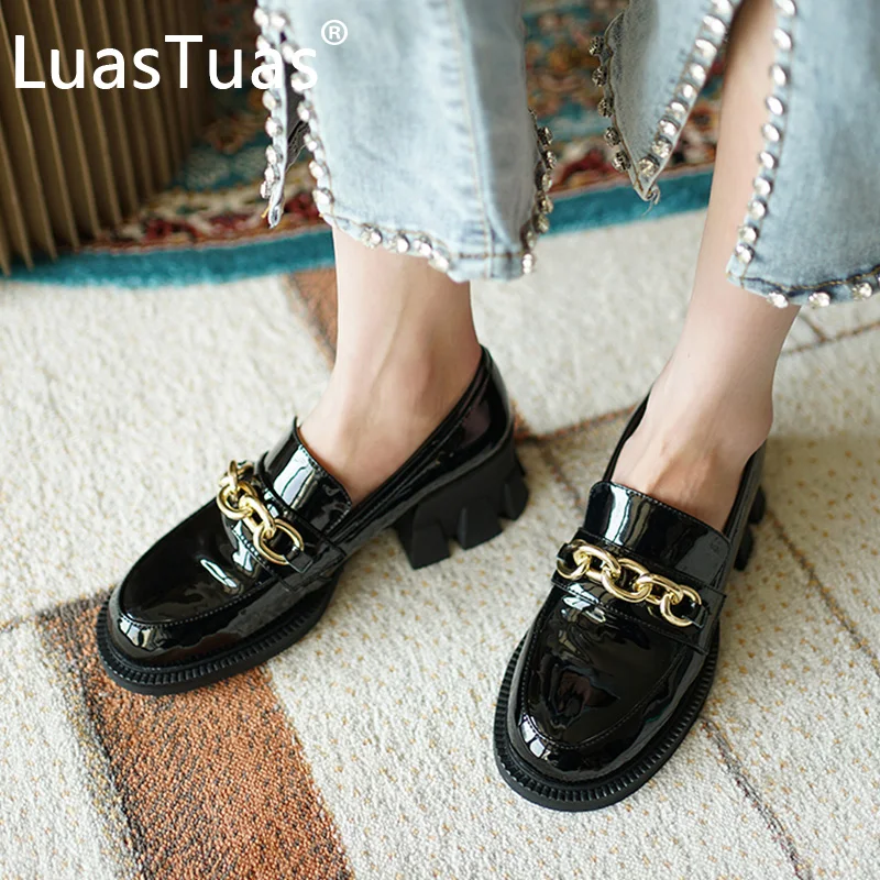 

LuasTuas Size 34-40 Women Pumps Real Leather High Heels Shoes For Woman Loafers Fashion Chain Office Lady Casual Daily Footwear