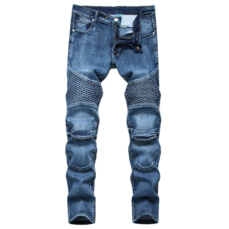 Mens Jeans Knee Pleated Pants Nostalgic Motorcycle Jeans Slim Hipster Pantalones Vaqueros Hombre Moto & Biker Full Length Pants