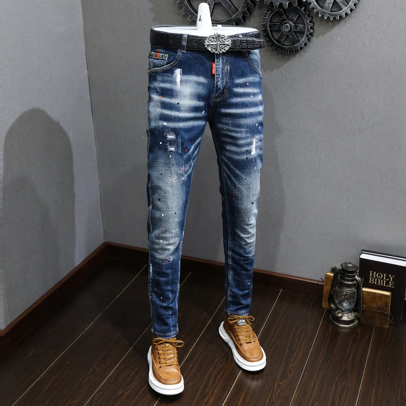 

Рваные корейские Ретро-стильные модные джинсовые винтажные мужские Стрейчевые брюки с рисунком повседневные дизайнерские Узкие синие джинсы мужские джинсы