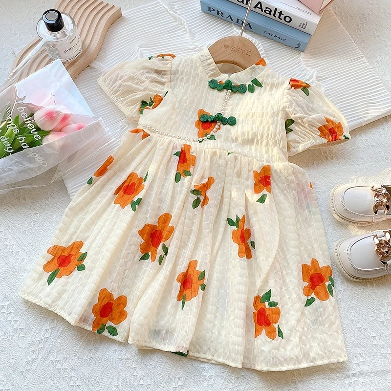 

Summer Girls Dress Short Sleeve Floral Princess Dress Children Chinese Wind Hanfu Cheongsam Dresses Girls Birthday Clothes 2-8Y