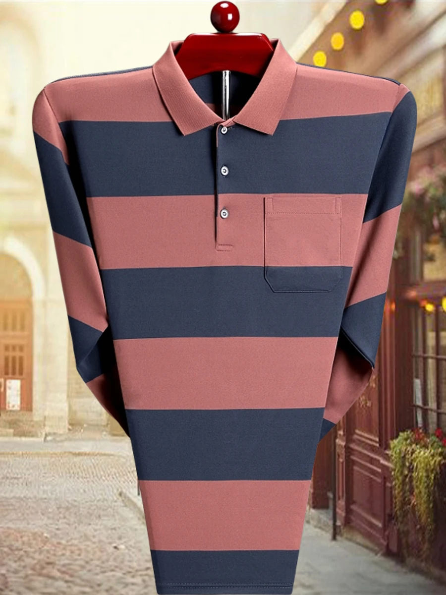 Woodpecker Spring and Autumn Men's Lapel Stripe Long sleeves Shirt Daddy Clothes Real Pocket Mercerized Cotton Base Polo |