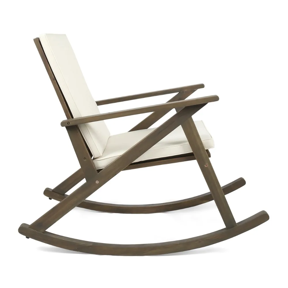 

Gregory Outdoor Acacia Wood Rocking Chair with Cushion, Grey,Cream