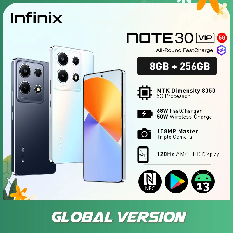 

infinix note 30 VIP NFC Android 13 5G Smartphone MTK Dimensity 8050 68W FastCharger 50W Wireless Charge 108MP 6.67" 120Hz
