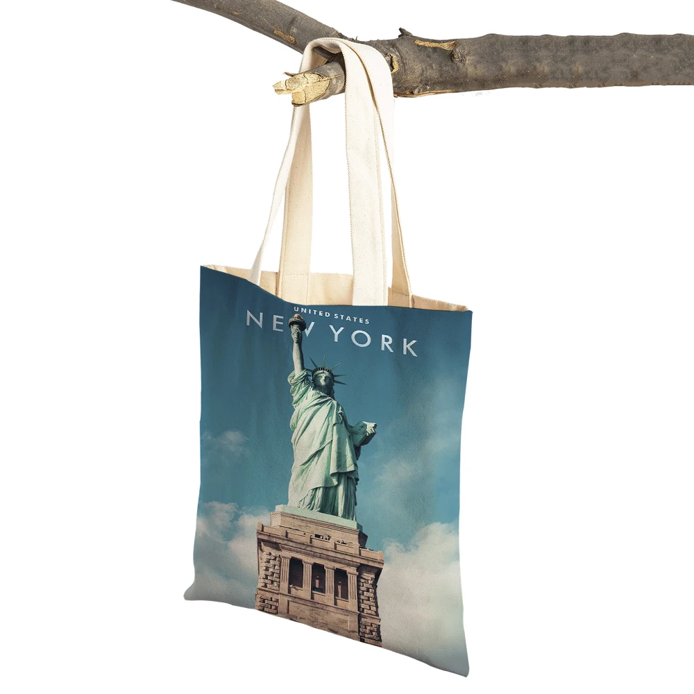 

New York City Landscape Fashion Shoulder Shopper Bag Eco Women Shopping Bags Double Print Casual Lady Canvas Tote Handbags