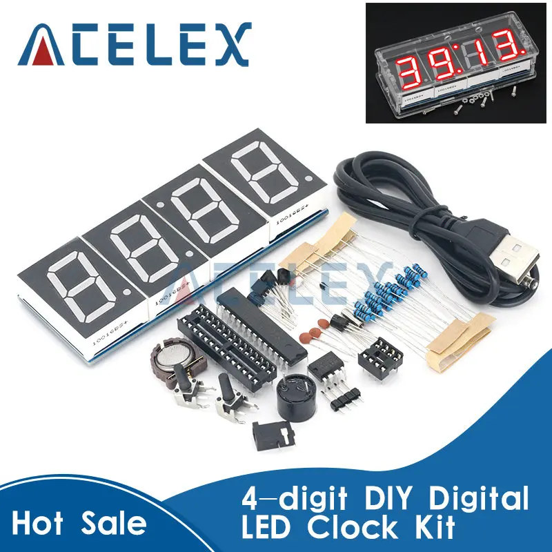 

Stylish 4-digit DIY Digital LED Clock Kit Light Control Temperature Date Time Display with Transparent Case Timer DIY Kit