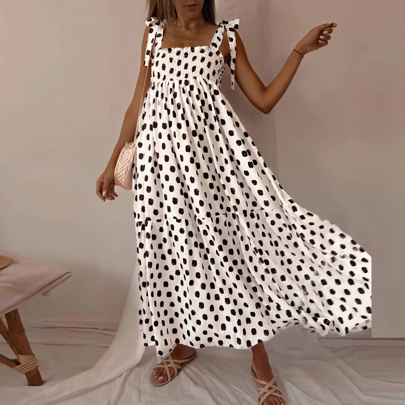 

Женское винтажное длинное платье в горошек, повседневное плиссированное платье с воротником-лодочкой и бантом, свободное пляжное платье для вечеринки, весна-лето