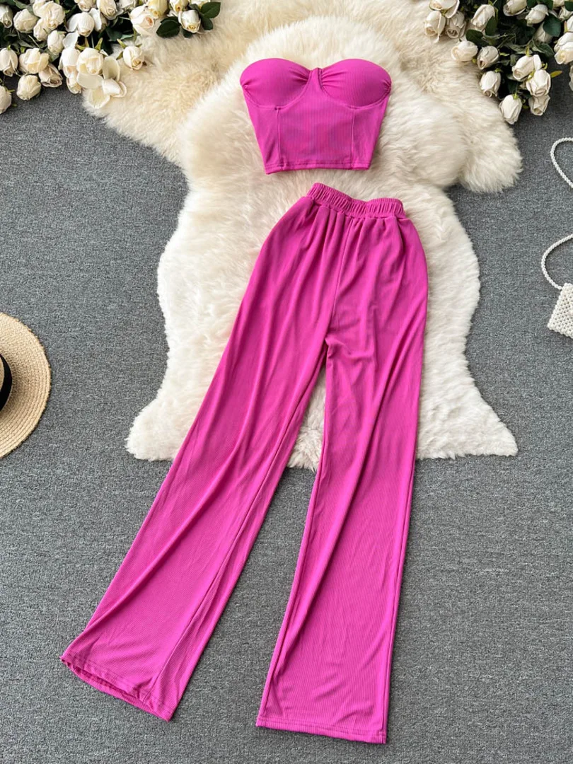 

Женский Повседневный костюм из 2 предметов, однотонный укороченный Топ без бретелек с подкладкой и длинные брюки с широкими штанинами и эла...