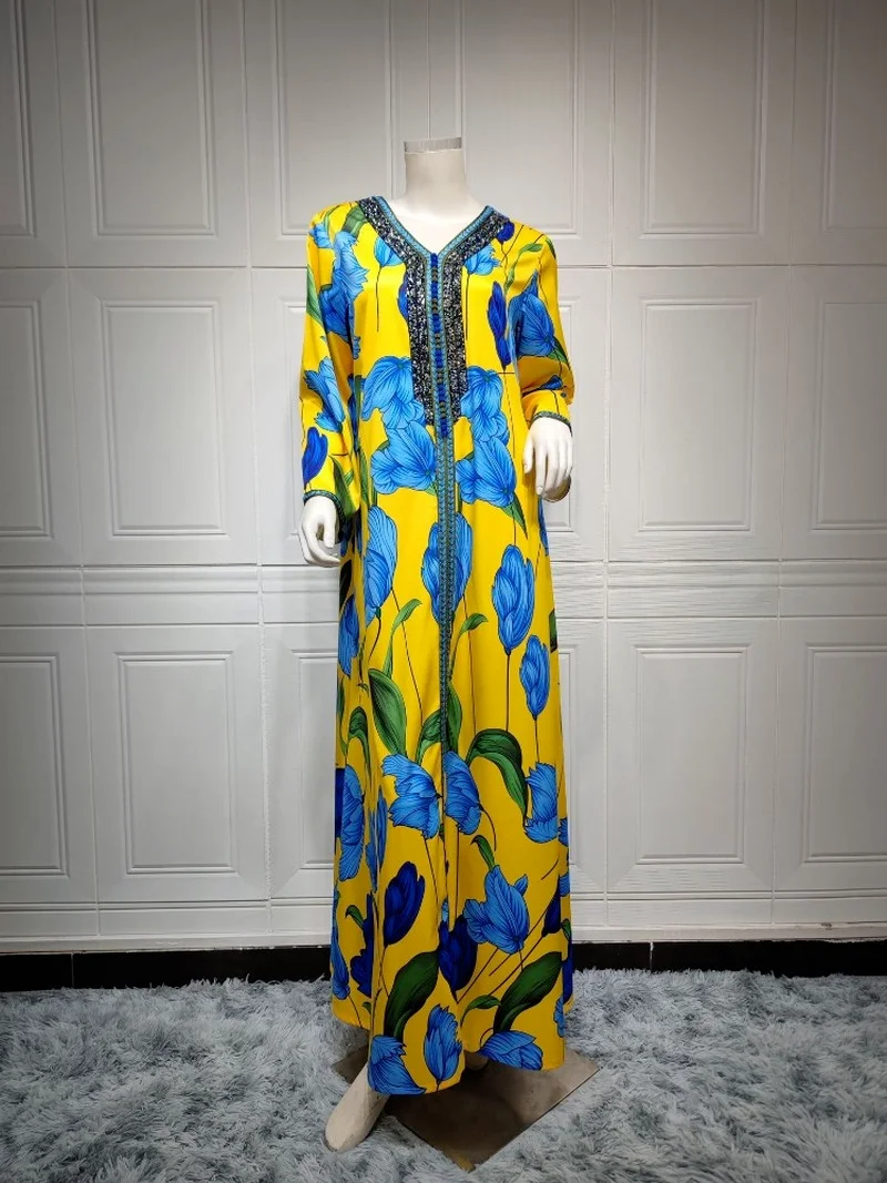 Floral Print Morocco Muslim Dress Women Abaya Kaftan Eid Party Evening Dresses Turkey Dubai Autumn Islam Long Robe Femme Vestido