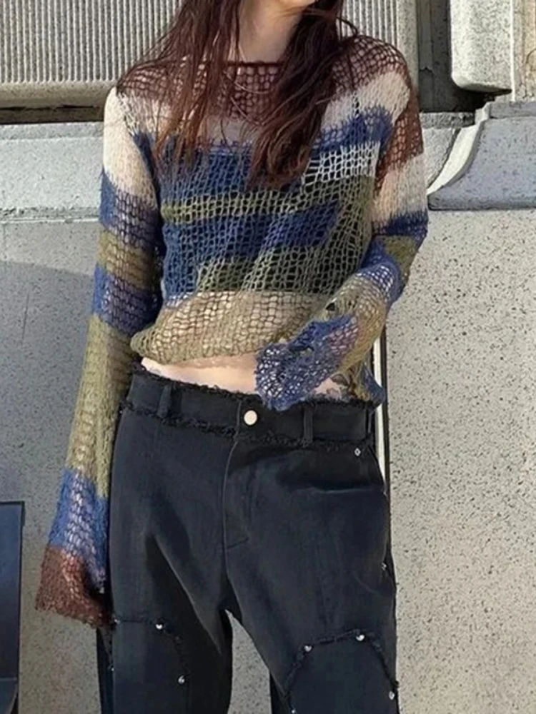 

Женский свитер с открытой спиной Y2K, полупрозрачный укороченный Топ с длинным рукавом, модные уличные вязаные пуловеры контрастных цветов для осени