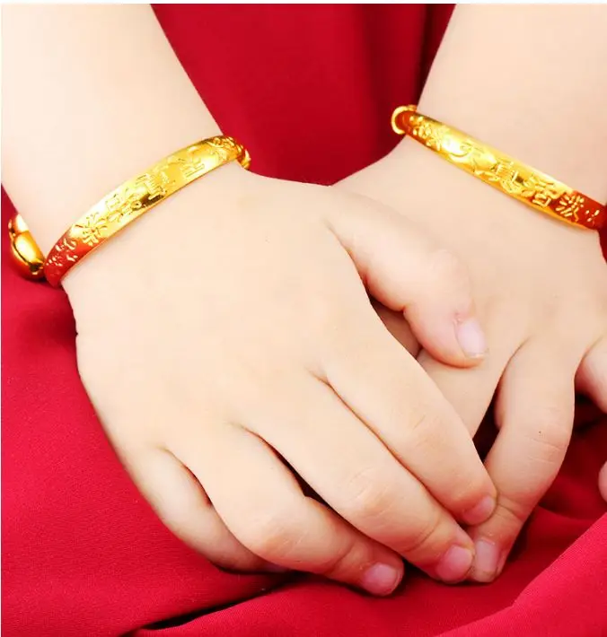 

ANGLANG 2pcs/lot Classical Smooth Lucky Baby Newbaby Gold Color Kids Adjustable Bangle Bracelet Best Children Gifts