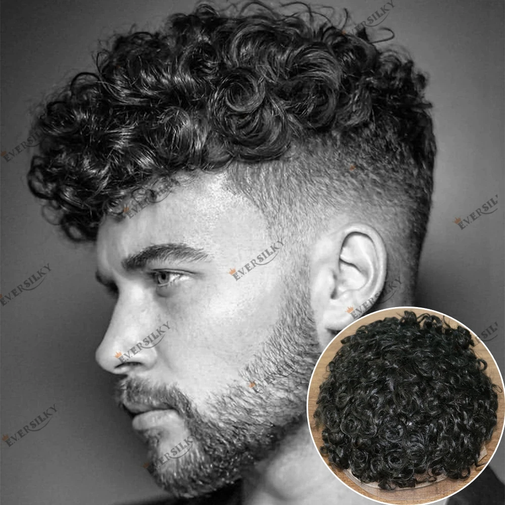 

Black/Brown Natural Human Hair 20mm Curly Thin Skin Base Men's Toupee In Stcok 120 Density Natural Hairline Capillary System
