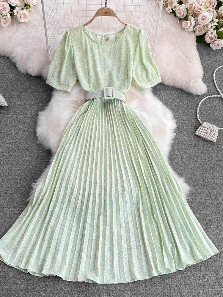 

Women Pleated Floral Beach Dress With Belt Summer Short Sleeve O-neck High Waist Boho Dresses Office Ladies Slim Casual Dress