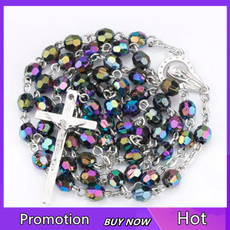 Красочные круглые бусины подвеска из сплава крест Девы Марии цепочка ожерелье