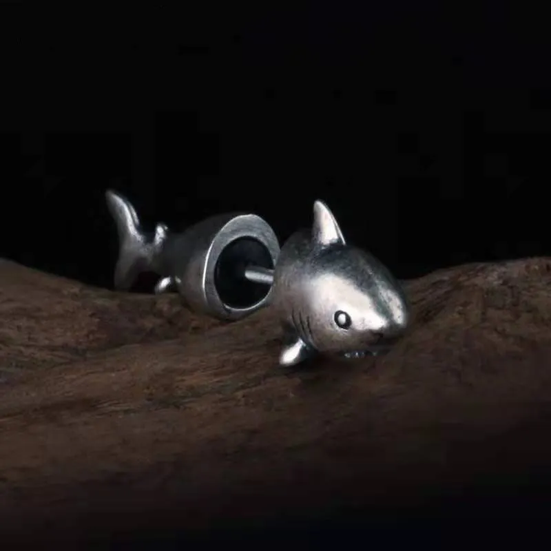 

Men's and Women's Trend Retro Silver Color Shark Fish-Shaped Split Earrings Rock Exaggerated Punk Hip-Hop Jewelry