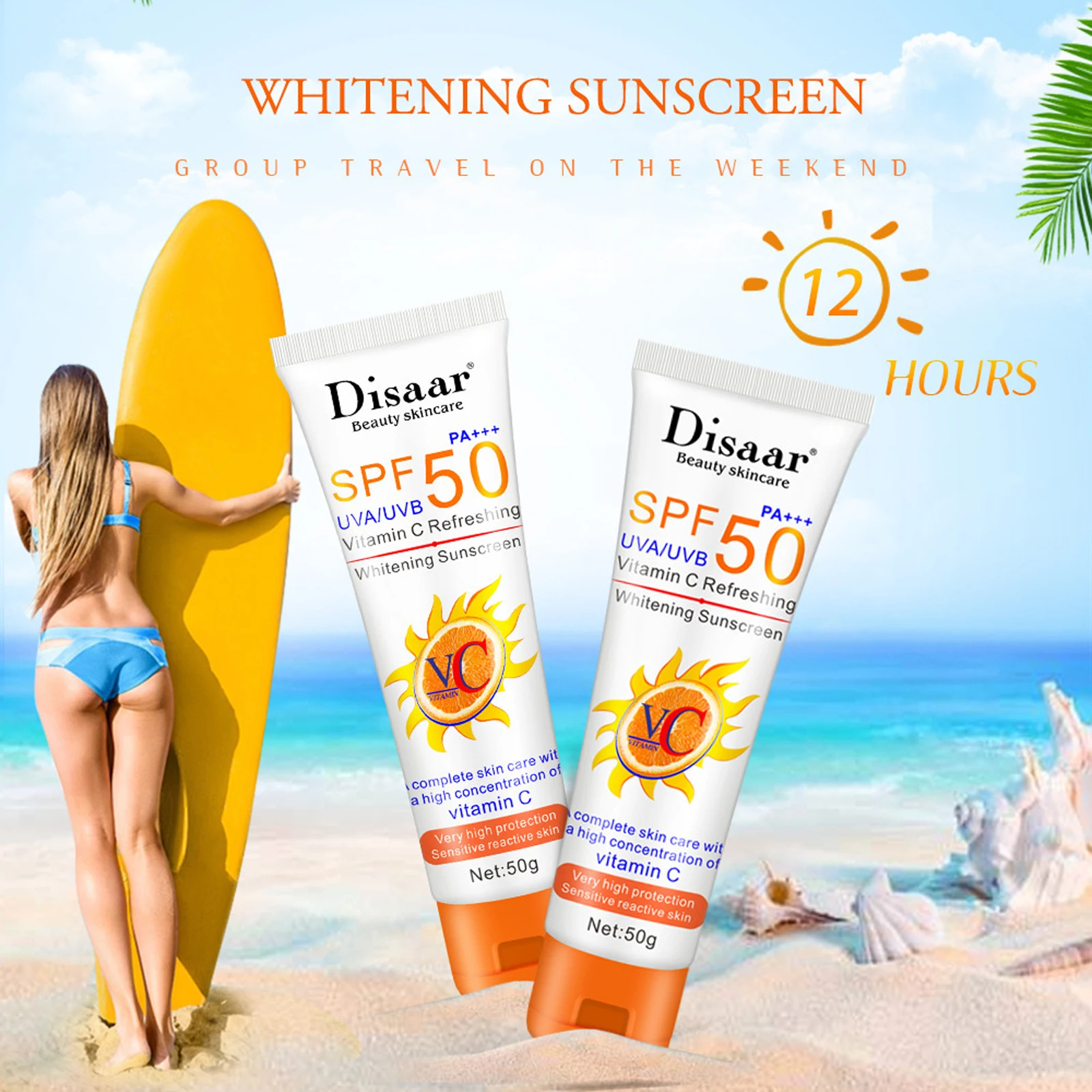 

Disaar Vitamin C Face Body Whitening Sunscreen Cream Refreshing Waterproof UV Protector Concealer Isolation Sunblock SPF50+