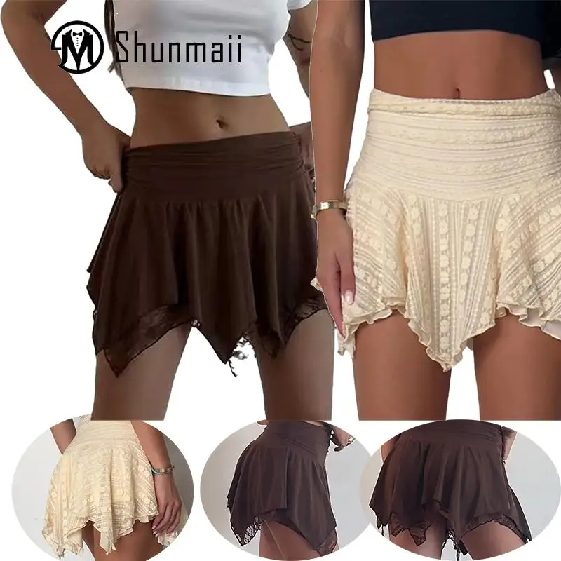 

Lace Ruffle Mini Skirt Y2k Style Women Asymmetrical Hem Skirt Solid Color A Line Skirt 2 Lining Layers Loose Fit Daily Outfit
