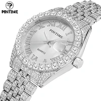 pintime iced out quartz watch for men women unisex luxury diamond hip hop rhinestone sliver watch wristwatch male female clock