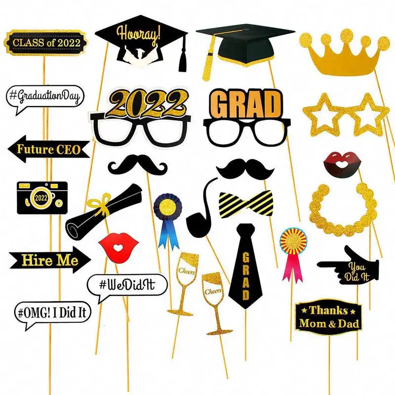 

28 Pieces Party Photo Booth Props 2022 Paper Graduation Photo Props Gold And Black Photo Booth Prop Party Decorations For