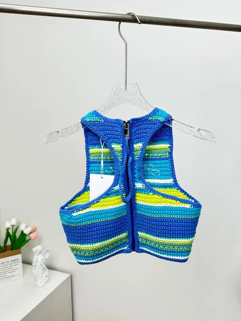 

Stripes Women Color Patchwork Knit Vest Letter Embroidery Summer 2023 Sleeveless O-neck Female Knitted Tank Top