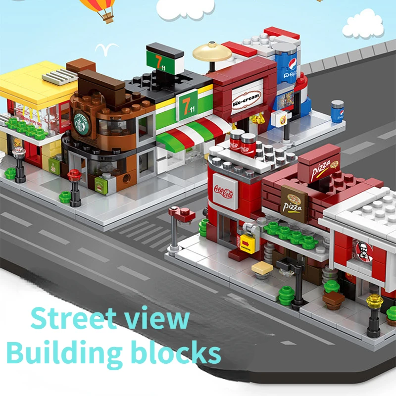 

Mini City Street View Building Blocks Assembled Toys DIY Convenience Store Coffee Shop Pizza Shop Children's Puzzle Montessori