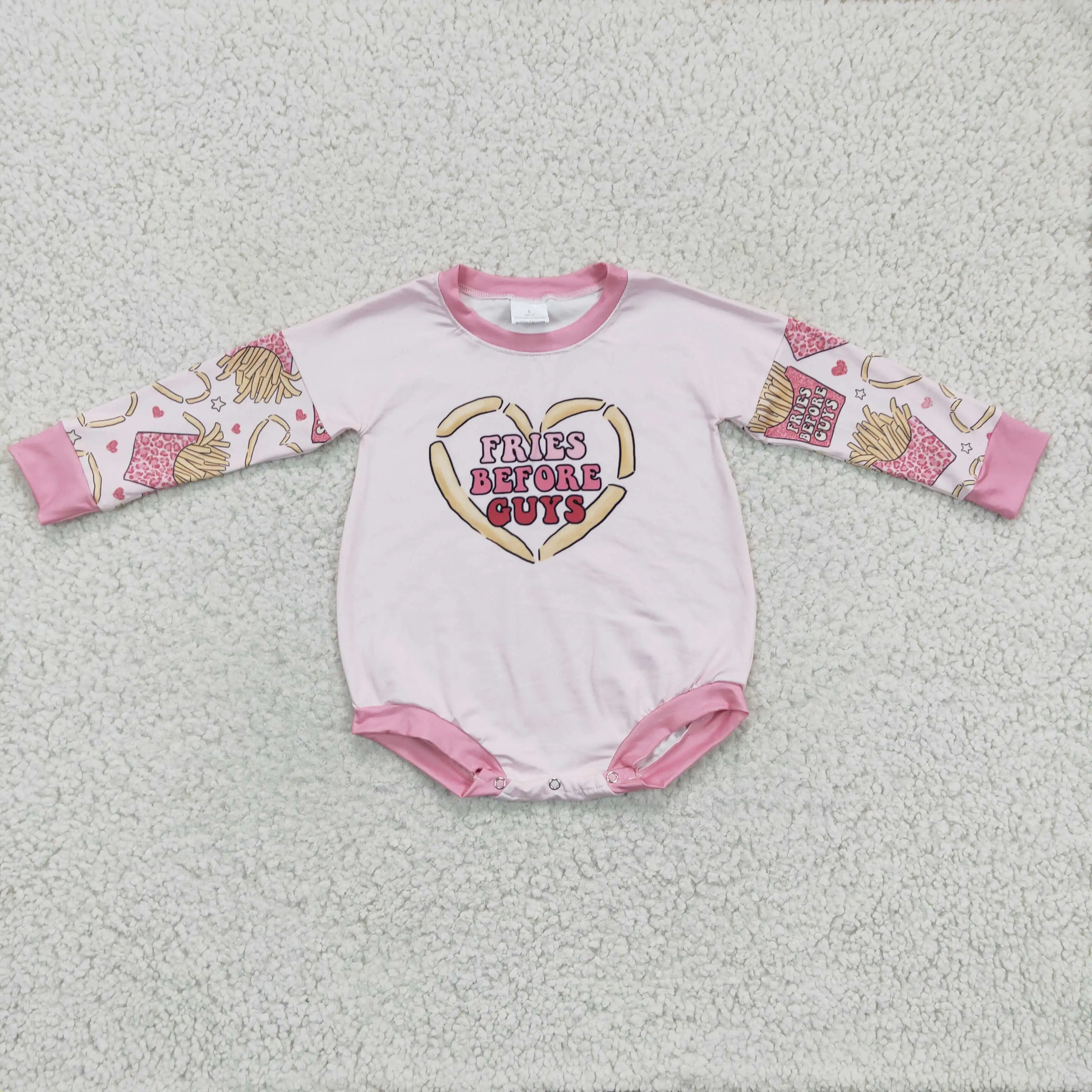 

Valentine's Day French fries pink milk silk baby winter romper designer kids clothes ready to ship