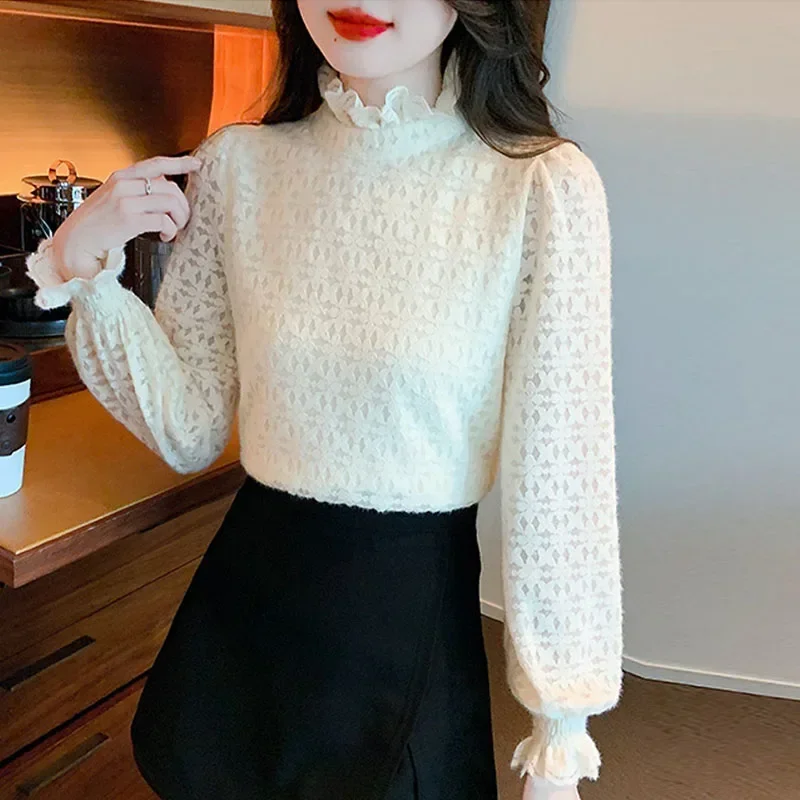 Модная женская блузка с длинным рукавом бархатная утолщенная кружевная рюшами