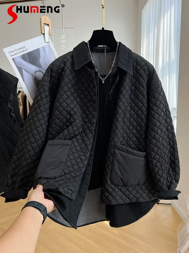 

Oversize Rhombus Cotton-Padded Coat Women Black Denim Shirt Stitching Fake 2-Piece Mid-Length Cotton Jacket Fall Winter Clothes