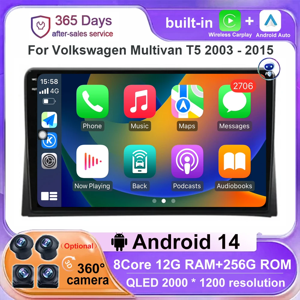 Carplay Auto 9 'ɺndroid 14 для Volkswagen Multivan T5 2003 - 2015 мультимедийный видеоплеер