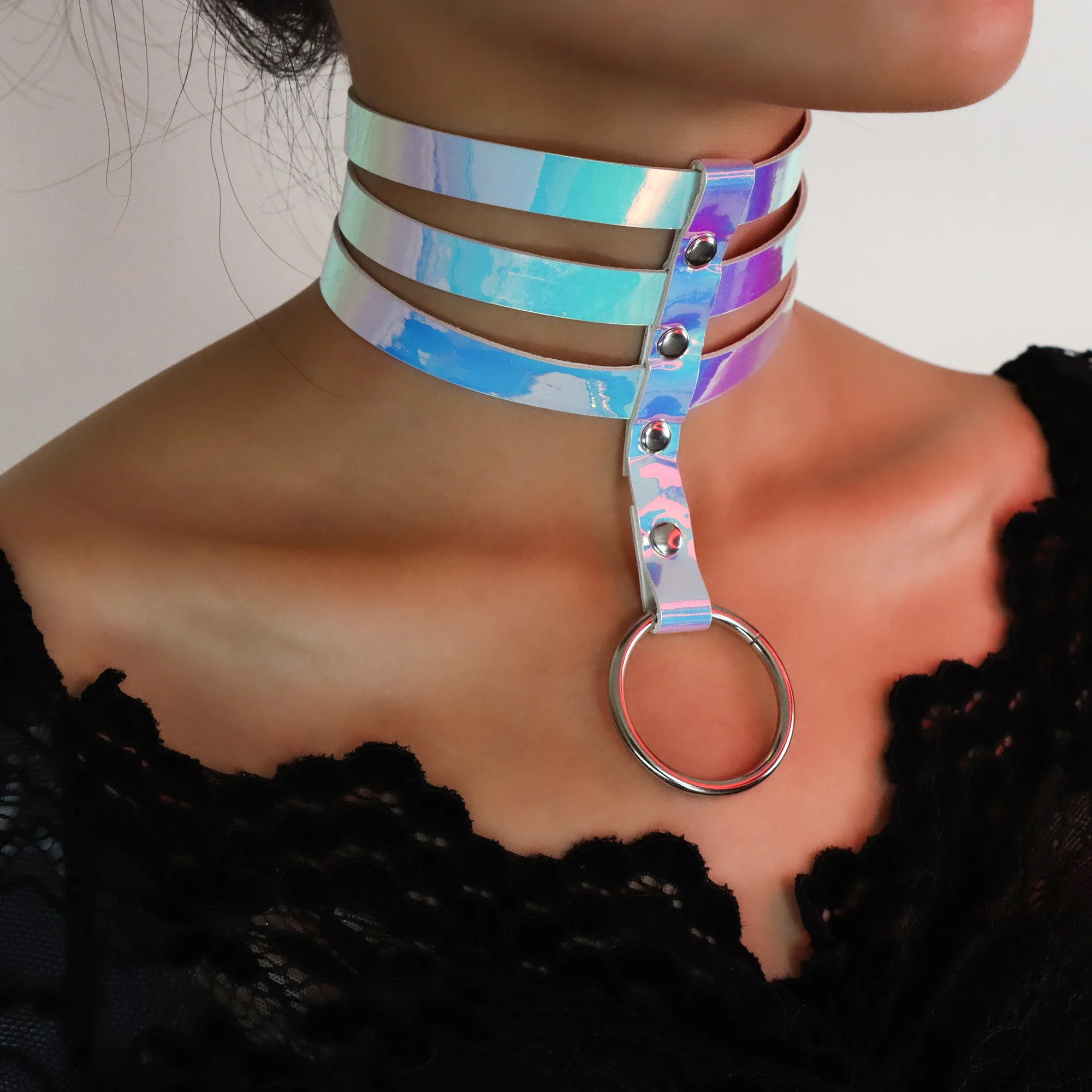 Spicy Girl's Sexy Women Fashionable and Gradient Colorful Punk Adjustable Choker Necklace With Big O-ring Metal Ring Accessories