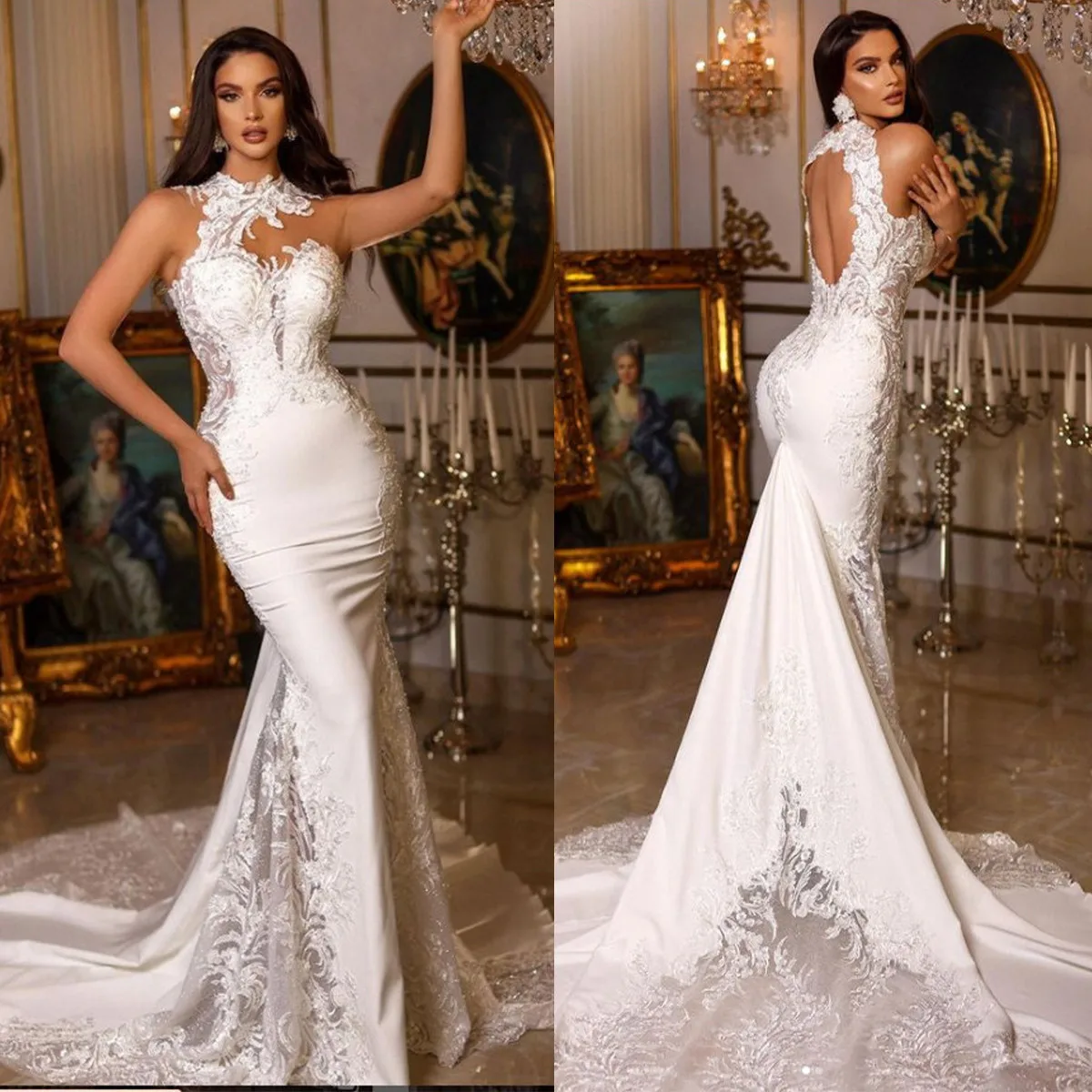 

Charming Lace Mermaid Bridal Gowns High Neck Appliques Wedding Dress Custom Made Sleeveless Embroidery Vestido de novia