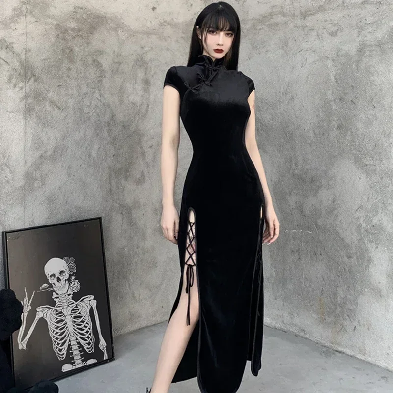 Фото Новое сексуальное винтажное черное бандажное платье Cheongsam в китайском стиле с высоким разрезом, бархатное платье в стиле ретро, длинное Ципао, готическое женское эстетичное платье №3