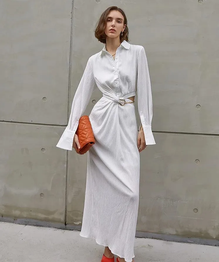 

Женское ажурное Плиссированное асимметричное длинное платье, элегантное свободное платье с отложным воротником и длинным рукавом и цепочкой, 2023