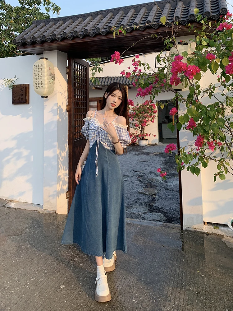 

Summer Casual Dress Fake Two-piece Patchwork Contrast Color Literary Sweet Vintage Denim Slim Fit A-line Simple Female Frocks