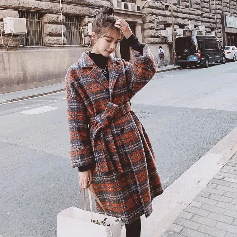 

Autumn Winter Woman Wool Coat 2022 New Mid-Length Check Woolen Blend Jacket Loose Female Korean Waistband Outerwear Windbreaker
