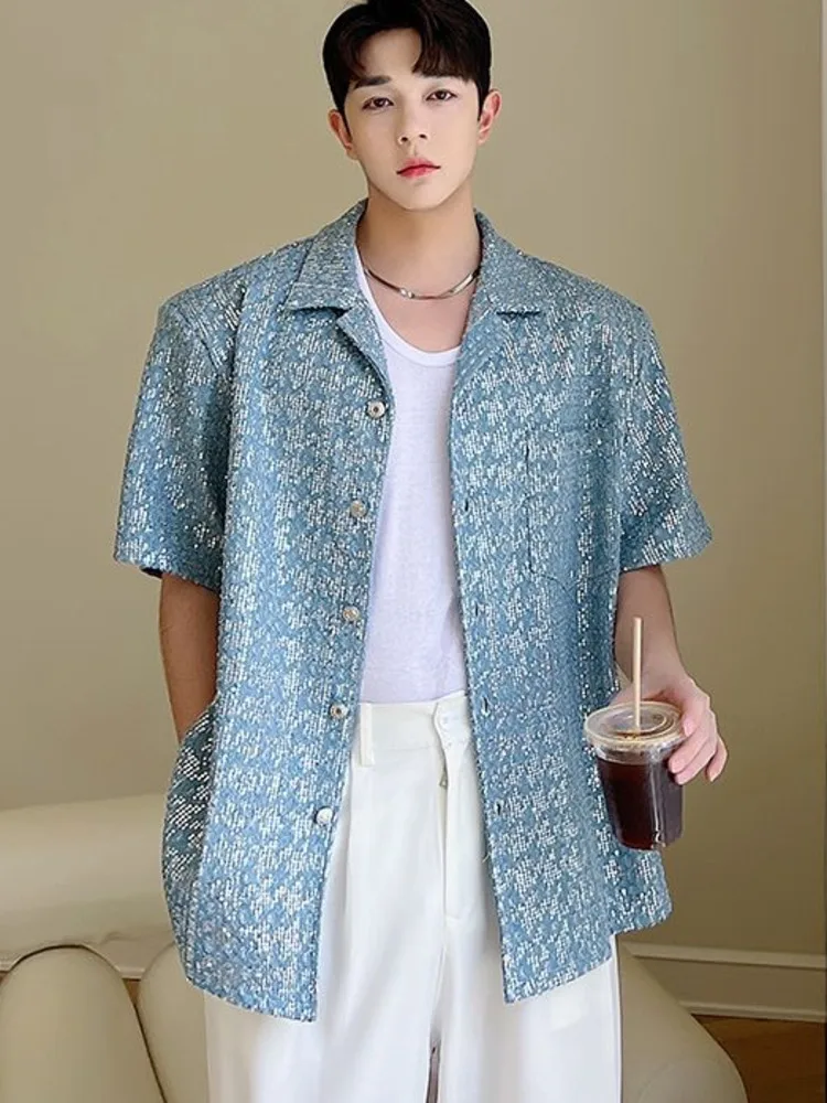 

SYUHGFA 2022 Summer Turn Down Collar Short Sleeve Denim Shirt For Men Loose Casual Style T-shirt Tops Irregular Men Clothing