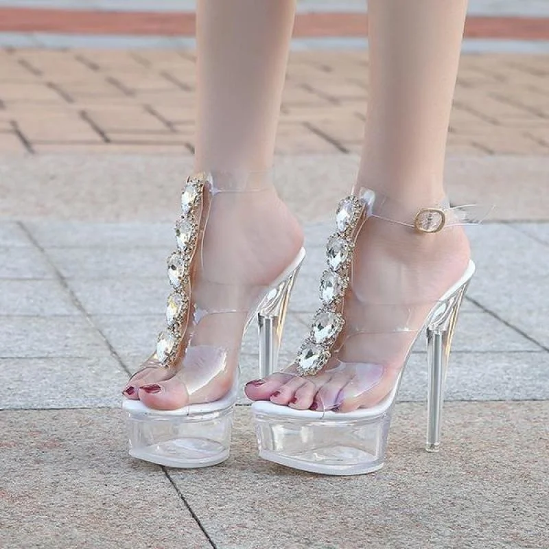 

New Women Sandals PVC 14CM Thin Heels Peep Toe Buckle Strap Rhinestones Party Fashion Sexy Transparent Summer Shoes For Women