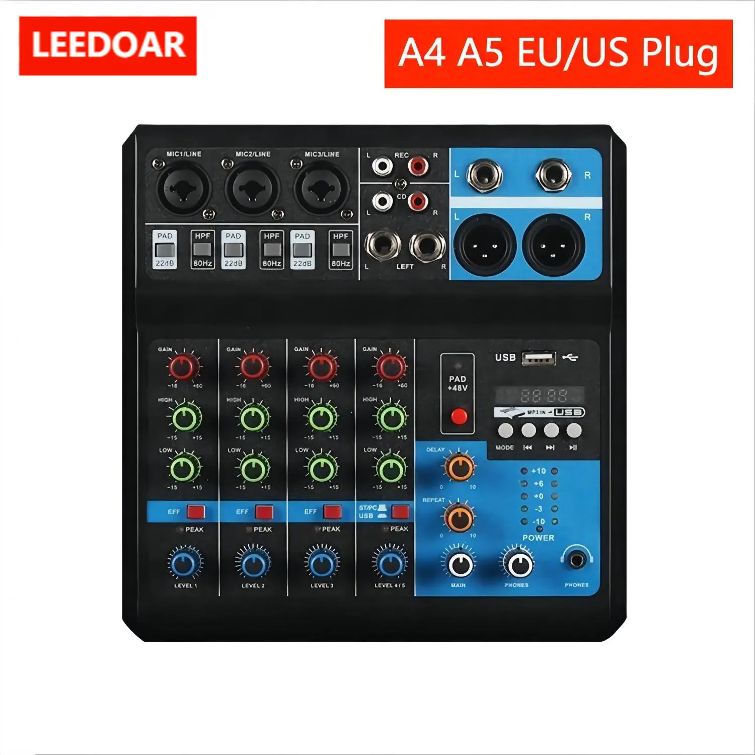 LEEDOAR Audio 4 5 Channel Sound Mixer Professional Portable Console Computer Input 48v Power Live Broadcast A4 A5 PK TEYUN JIY